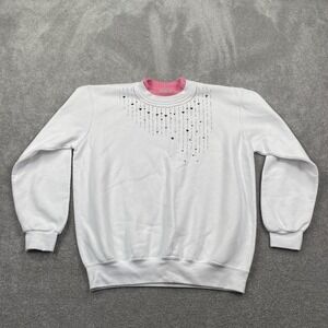 Top Stitch Women's Heart Sweater Size Large White Pink Grandma Bedazzled
